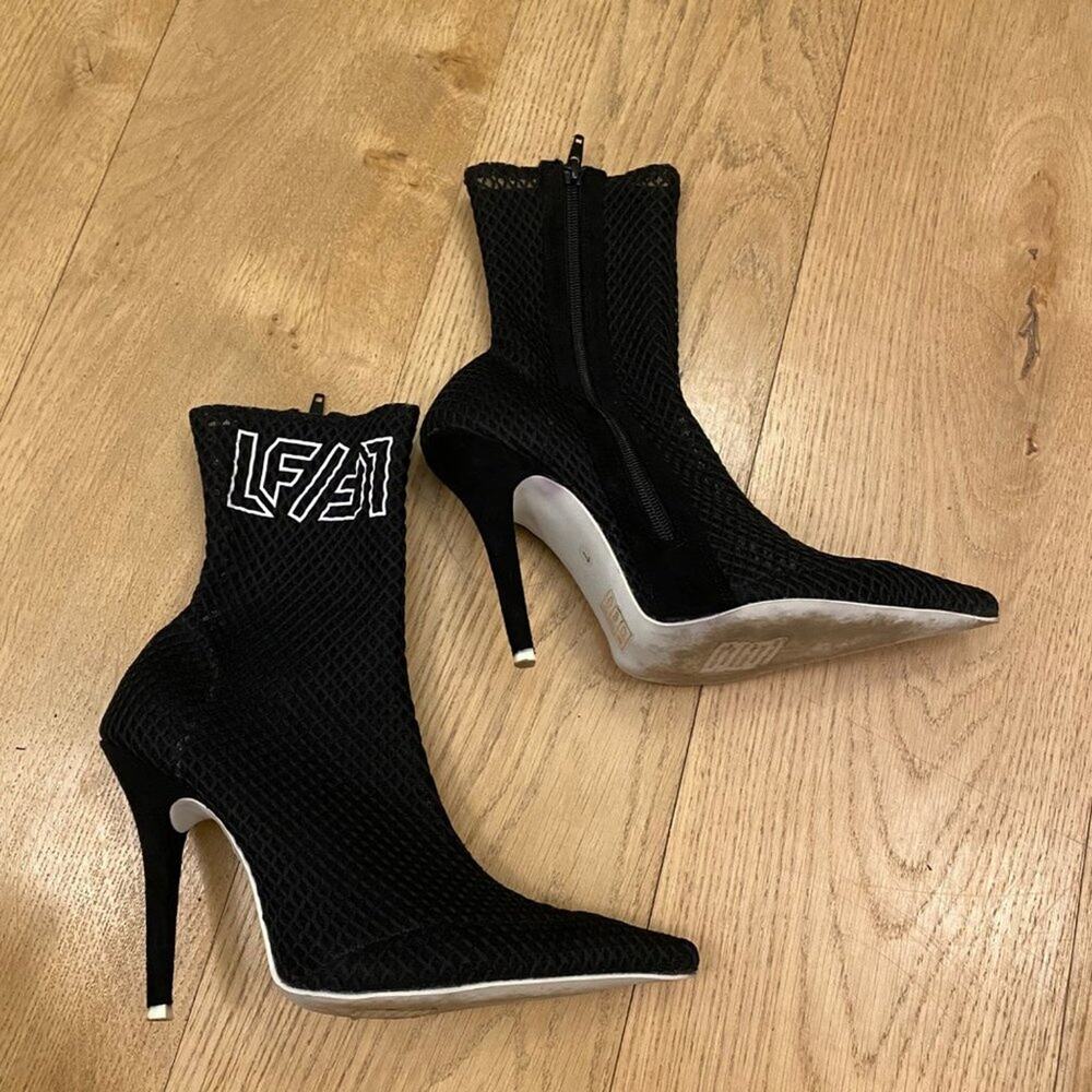 LF X Jeffrey Campbell Vedette Mesh High Heel Sock Booties in Black